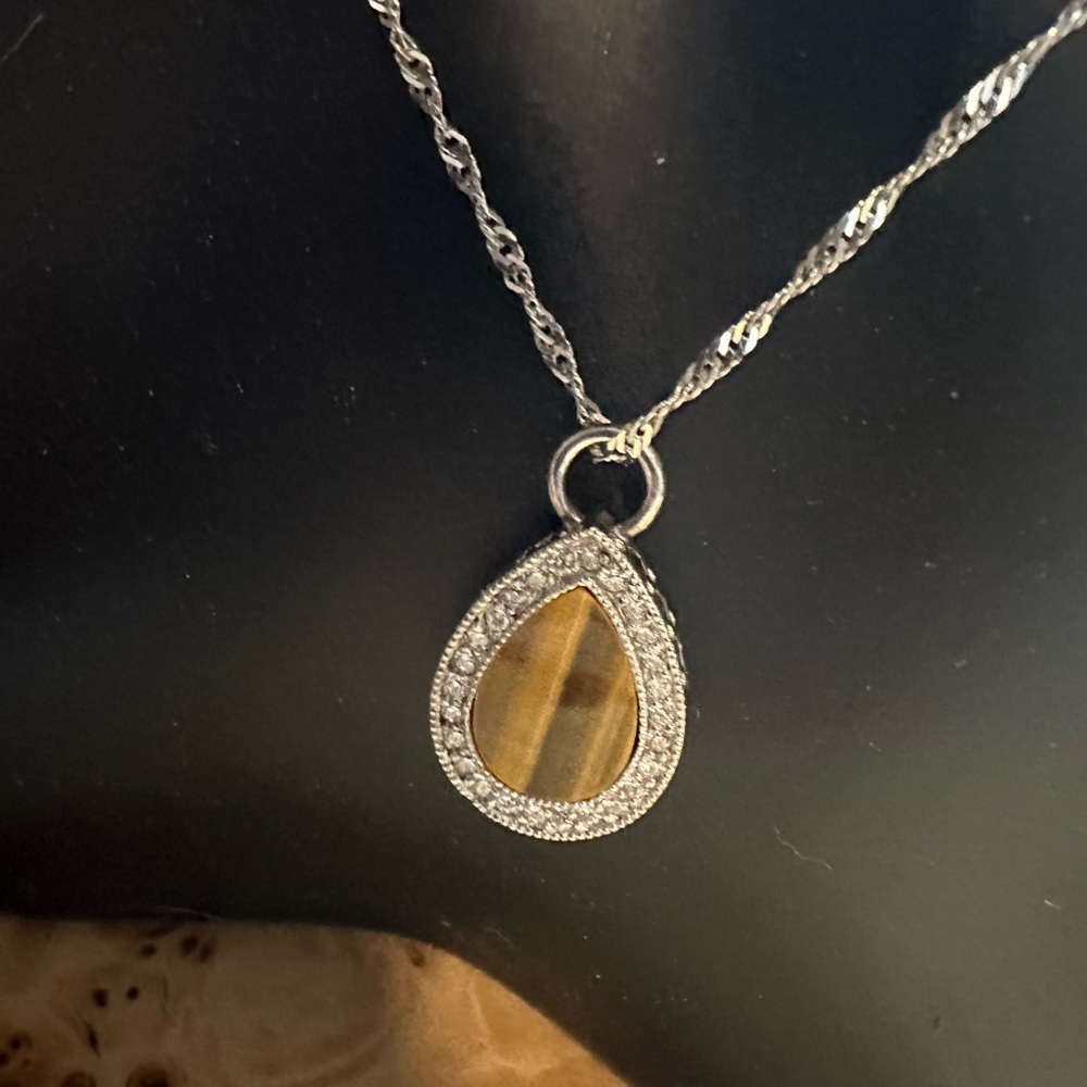 Teardrop Tigers Eye & Sterling Silver w CZ Pendant on Spiral Link Chain